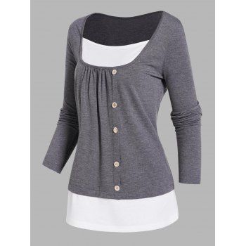 

Contrast Colorblock Faux Twinset Top Ruched Mock Button Long Sleeve Twofer Top, Gray