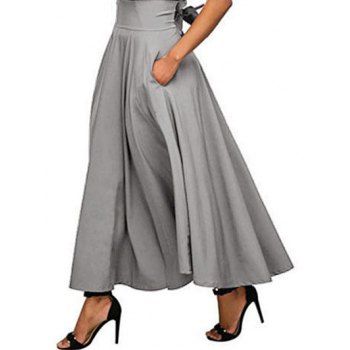 

Plain Color Skirt Self Belted Zipper Fly High Waisted A Line Maxi Skirt, Gray