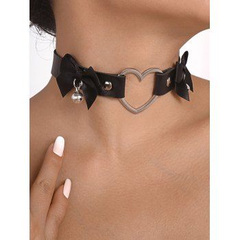 

Heart Bowknot Bell Faux Leather Choker Punk Necklace, Black