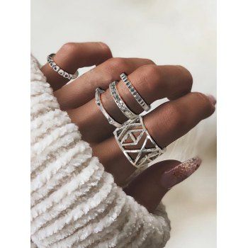 

6 Pcs Rings Set Rhinestone Hollow Out Geometric Rings Set, Silver