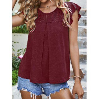 

Plain Color T Shirt Hollow Out Geometric Lace Panel Flare Cap Sleeve Round Neck Casual Top, Deep red