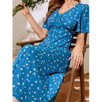 Allover Flower Print Dress Mock Button Ruffle Flare Sleeve Self Belted High Waisted A Line Midi Dress
