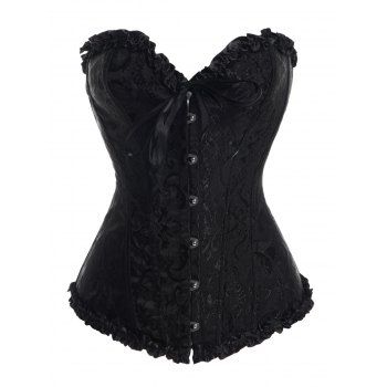 

Lace Up Printed Ruffle Buckle Corset And T Back Lingeries Set, Black