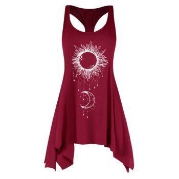 

Celestial Sun Moon Print Asymmetric Tank Top Long Casual Tank Top, Red