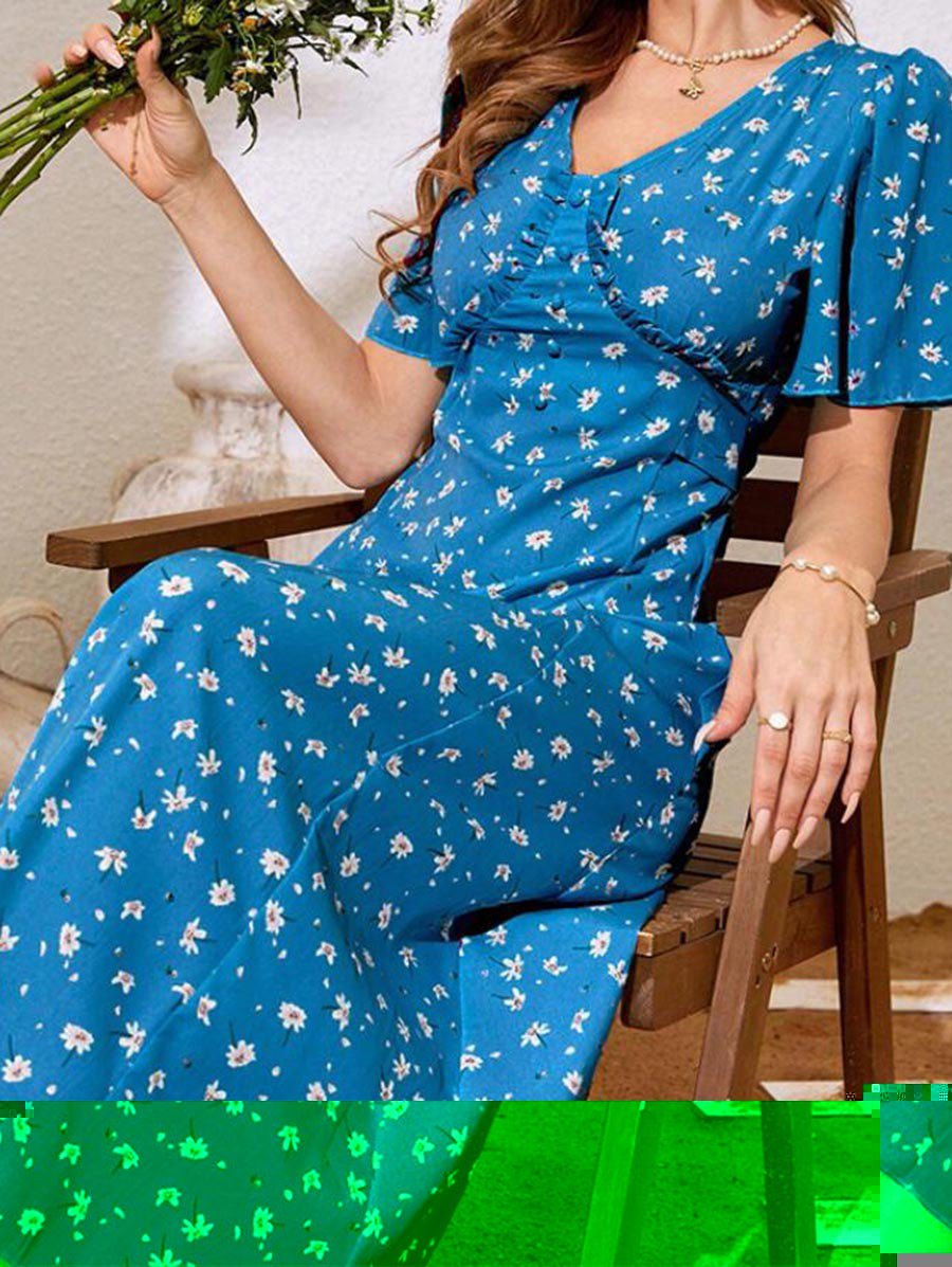 Allover Flower Print Dress Mock Button Ruffle Flare Sleeve Self Belted High Waisted A Line Midi Dress - OCEAN BLUE XL