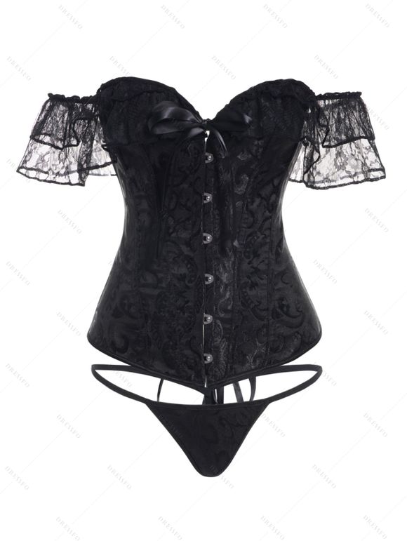 Printed Lace Panel Lace Up Buckle Off the Shoulder Corset And T Back Lingeries Set - BLACK XL
