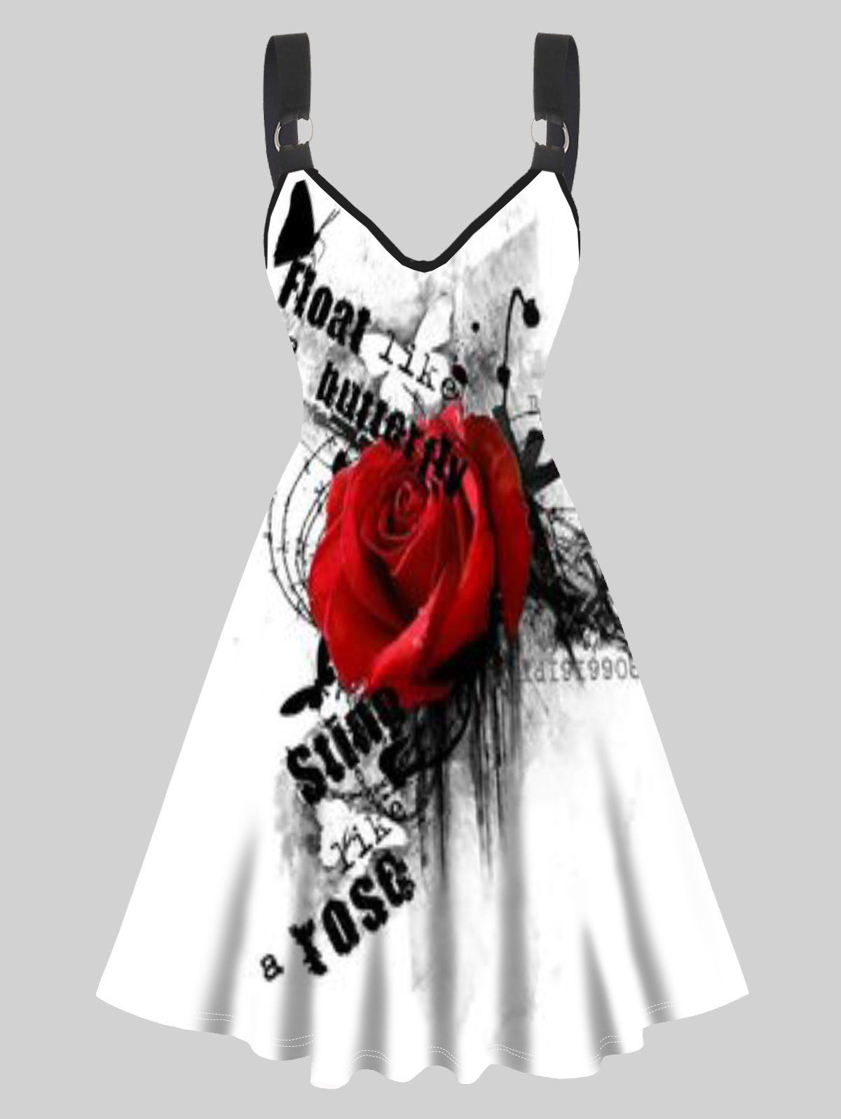 Rose Slogan Print A Line Dress O Ring Straps V Neck Sleeveless Dress - WHITE S