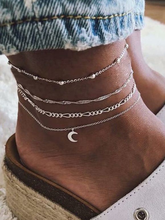 4 Pcs Anklets Moon Charms Trendy Ankle Chains - SILVER REGULAR