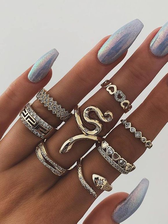 8 Pièces Ensemble de Bague Elégante Géométrique Serpent avec Strass - d'or 