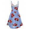 Valentine's Day Heart Rose Faux Denim 3D Print High Low Dress Lace Up Adjustable Strap A Line Dress - LIGHT BLUE S