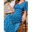 Allover Flower Print Dress Mock Button Ruffle Flare Sleeve Self Belted High Waisted A Line Midi Dress - OCEAN BLUE XL