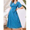 Allover Flower Print Dress Mock Button Ruffle Flare Sleeve Self Belted High Waisted A Line Midi Dress - OCEAN BLUE XL