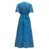 Allover Flower Print Dress Mock Button Ruffle Flare Sleeve Self Belted High Waisted A Line Midi Dress - OCEAN BLUE XL