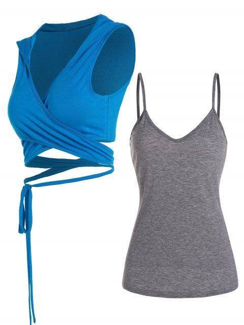 Crossover Bandage Sleeveless Hooded Crop Top And V Neck Spaghetti Strap Camisole Two Piece Set