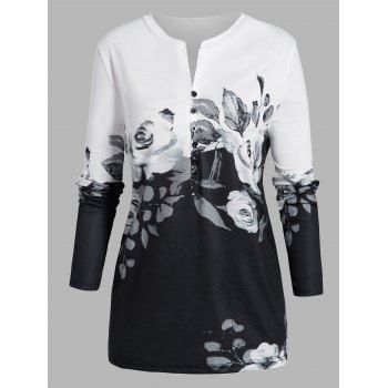

Ink Painting Flower Print T Shirt Half Button Round Neck Long Sleeve Tee, Black