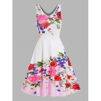 

Colorful Flower Leaf Print Cottagecore A Line Dress Sleeveless V Neck High Waist Dress, White