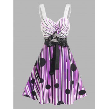 

Colored Geometric Printed Dress Flower Lace Panel Empire Waist Belted Ruched A Line Mini Dress, Light purple