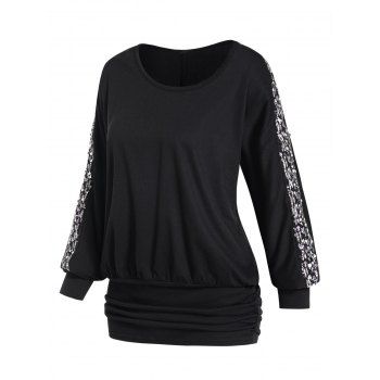 

Sequined Panel Top Solid Color Ruched Round Neck Full Sleeve Long Top, Black