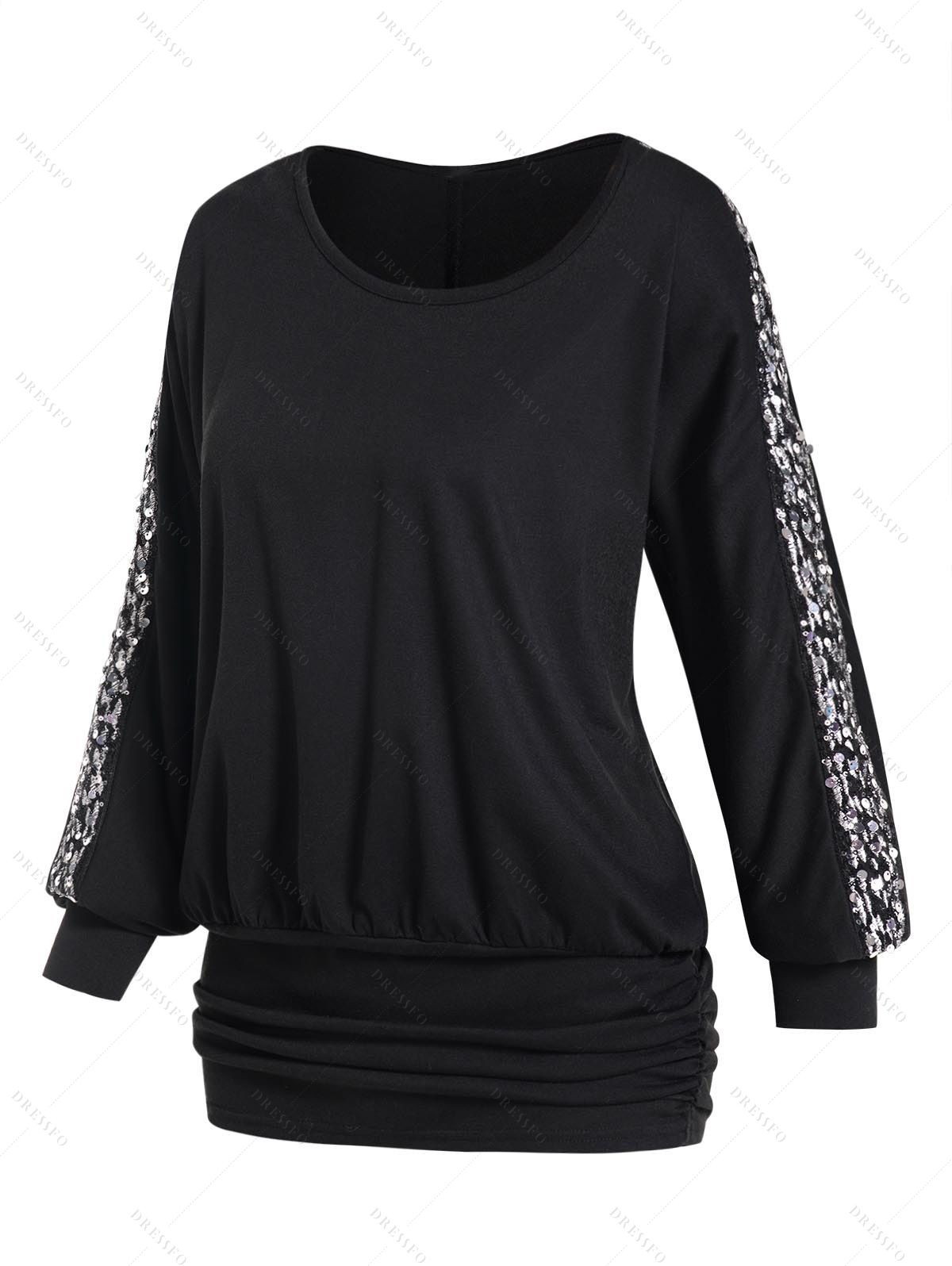 Sequined Panel Top Solid Color Ruched Round Neck Full Sleeve Long Top - BLACK XXL