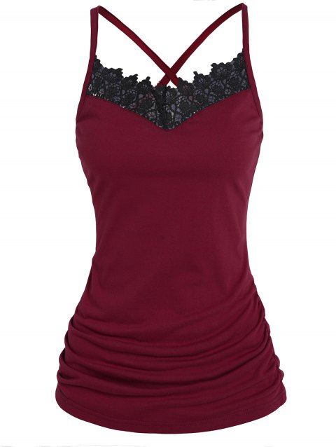 Contrast Floral Lace Panel Camisole Crossover Adjustable Straps Ruched Camisole