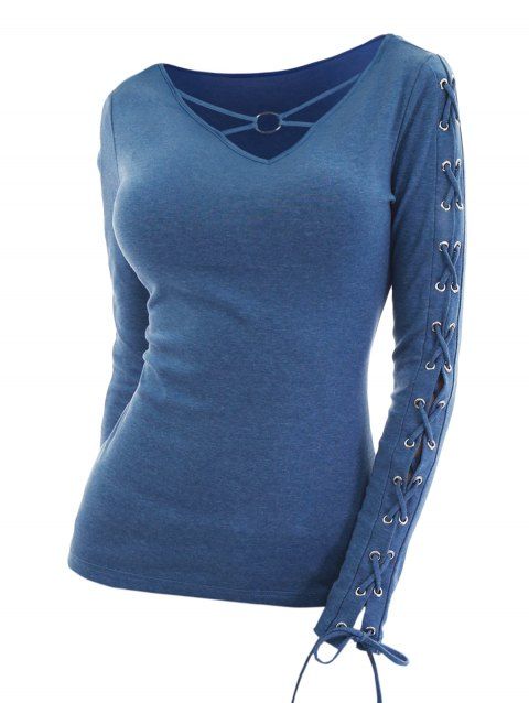 Lace Up Long Sleeve T-shirt O Ring V Neck Casual Tee