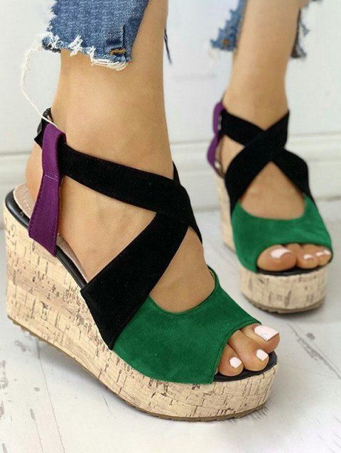 Contrast Colorblock Crossover Buckle Strap Wedge Heel Sandals