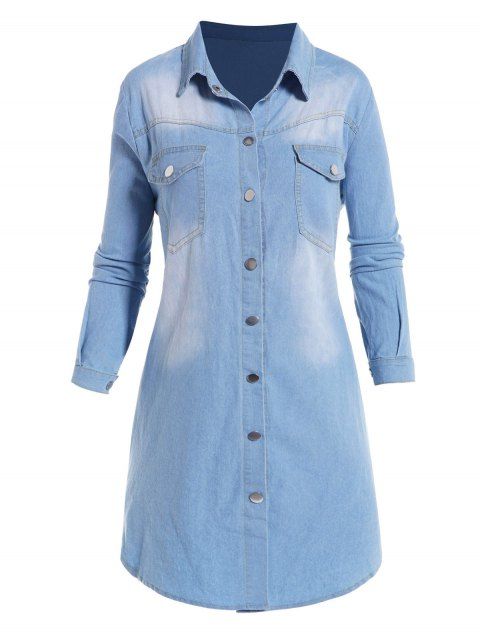Chambray Dress Front Flap Pocket Turn Down Collar Curved Hem Long Sleeve Shift Mini Dress