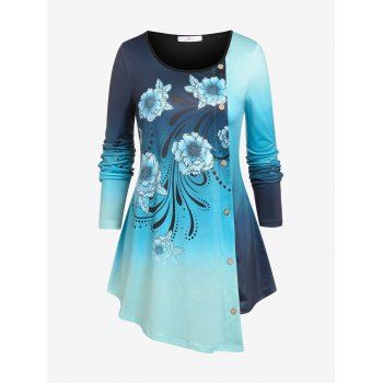 

Plus Size Ombre Color Floral Print Asymmetric T-shirt, Blue