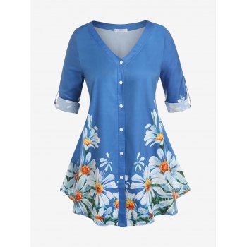 

Plus Size Floral Print Roll Up Sleeve Top, Blue