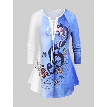 

Plus Size Lace Up Music Notes Print Ombre Color Tee, Blue