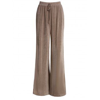 

Plain Color Pants Bowknot Elastic High Waisted Long Wide Leg Pants, Light coffee