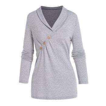 

Heather T Shirt Mock Button Turn Down Collar Full Sleeve Long Tee, Gray