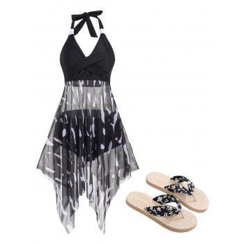 

Asymmetric Camouflage Mesh Halter Tankini Swimsuit And Daisy Print Non-slip Slippers Vacation Outfit, Black