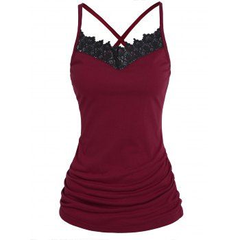 

Contrast Floral Lace Panel Camisole Crossover Adjustable Straps Ruched Camisole, Deep red