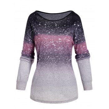 Ombre Galaxy Print T-shirt Scoop Neck Long Sleeve Casual Tee