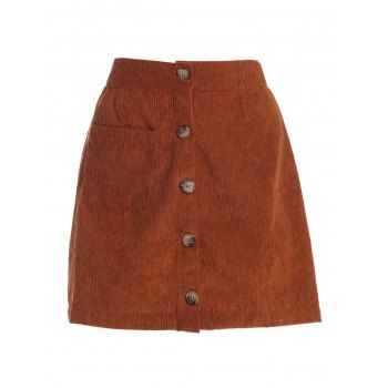 

Textured Skirt Button Fly Patch Design High Waisted Plain Color A Line Mini Skirt, Deep coffee