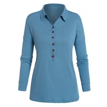 

Textured T Shirt Plain Color Half Button Turn Down Collar Long Sleeve Tee, Light blue
