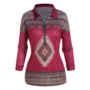 

Half Zipper Tribal Geometric Print Top Turn Down Collar Long Sleeve Top, Deep red