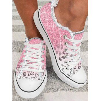 

Printed Leopard Frayed Lace Up Shoes, Light pink