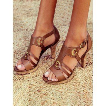 

Breathable Open Toe Cut Out Buckle High Heels Sandals, Coffee