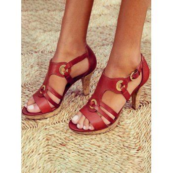 

Breathable Open Toe Cut Out Buckle High Heels Sandals, Deep red