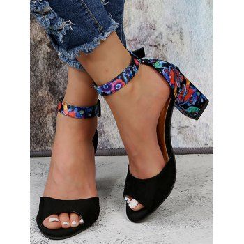 

Colorful Flower Pattern Open Toe Ankle Buckle Zipper Chunky Heels Sandals, Black