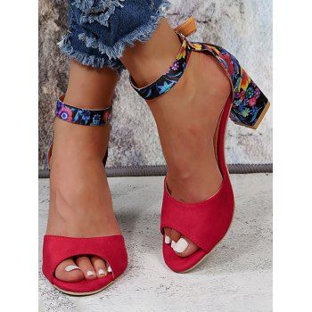 

Colorful Flower Pattern Open Toe Ankle Buckle Zipper Chunky Heels Sandals, Red