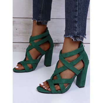 

Open Toe Breathable Thick Strappy Zipper Chunky Heels Sandals, Green