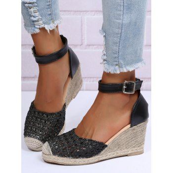 

Peep Toe Hollow Out Breathable Ankle Strap Weave Platform Buckle Wedges Sandals, Black