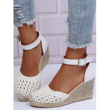 

Peep Toe Hollow Out Breathable Ankle Strap Weave Platform Buckle Wedges Sandals, White