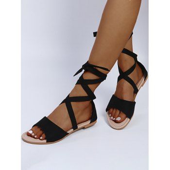 

Open Toe Lace Up Ankle Bandage Flat Sandals, Black