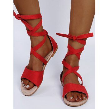 

Open Toe Lace Up Ankle Bandage Flat Sandals, Red