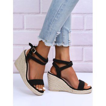 

Open Toe Buckle Strap Wedge Sandals, Black