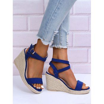 

Open Toe Buckle Strap Wedge Sandals, Deep blue